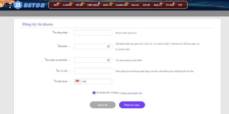 Hướng dẫn đăng ký tài khoản cá cược BET88 chi tiết