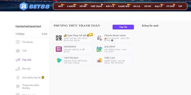 Hướng dẫn nạp tiền BET88 qua nhiều phương thức