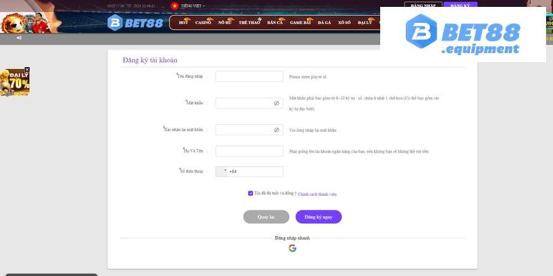 Điền thông tin chi tiết về đăng ký tại Bet88